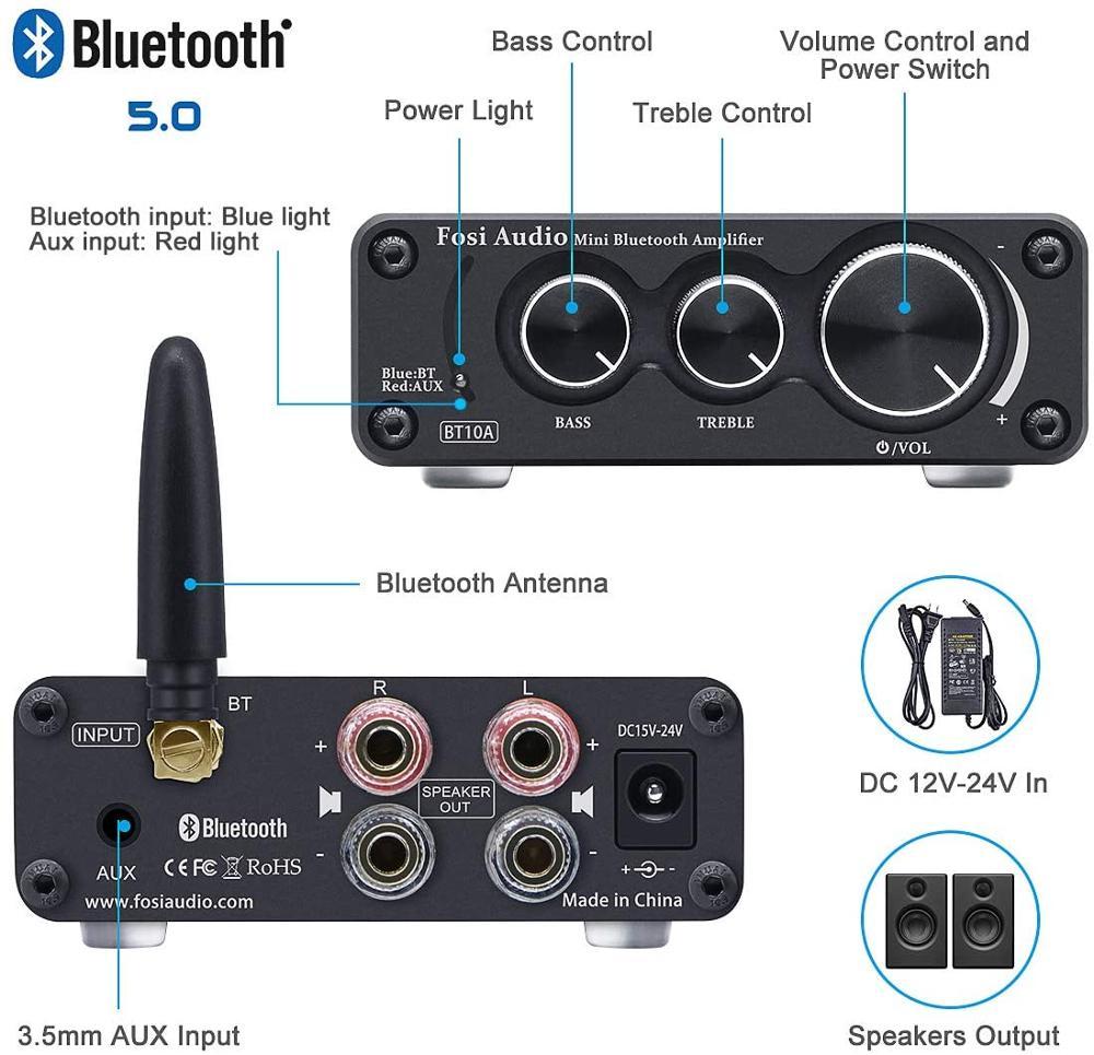 Bluetooth 2 Channel Sound Power Stereo Amplifier with treble and bass controls, compact design, and Bluetooth 5.0 connectivity.